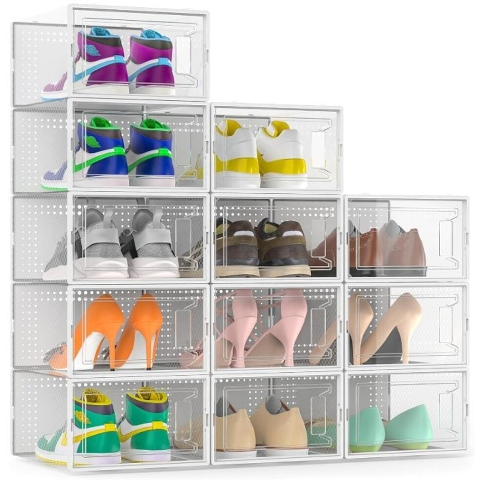 Secret Space XL Shoe Organizer Boxes 12-Pack Clear Stackable Storage Open Box